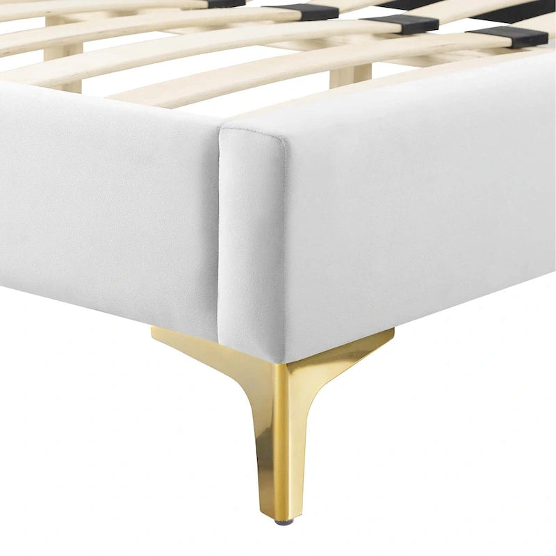 Performance Velvet Queen Platform Bed with Tufted Headboard - Gold Legs