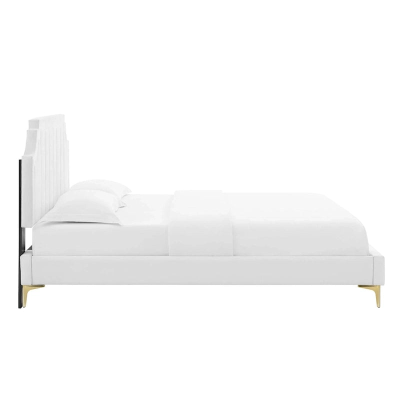 Performance Velvet Queen Platform Bed with Tufted Headboard - Gold Legs