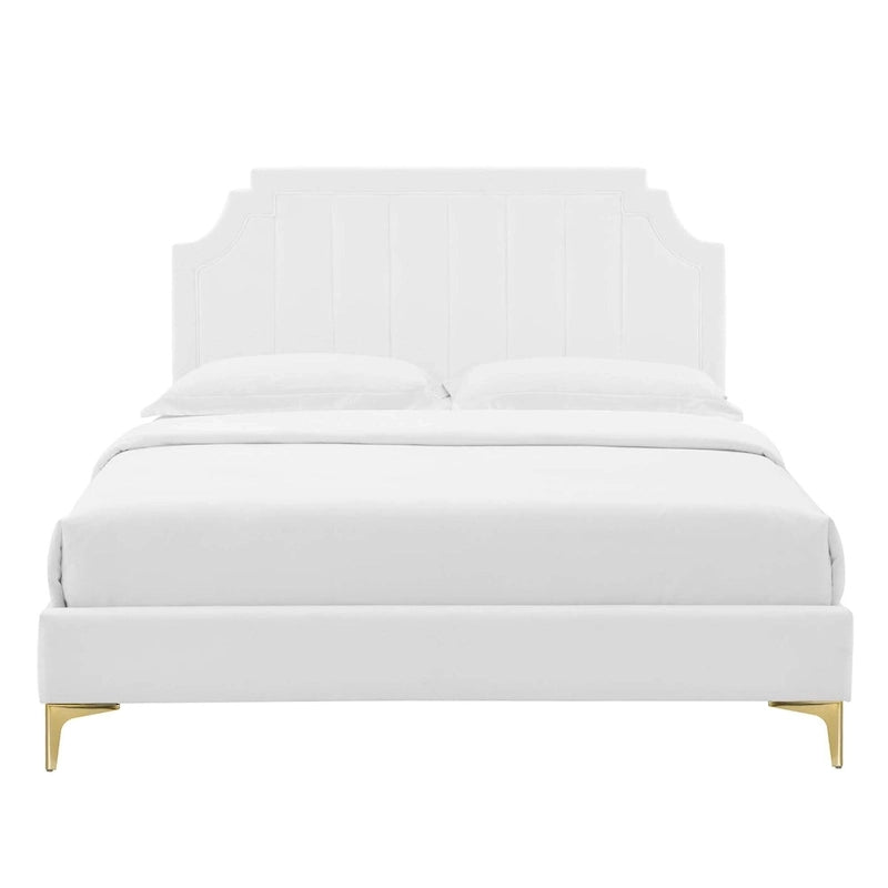 Performance Velvet Queen Platform Bed with Tufted Headboard - Gold Legs