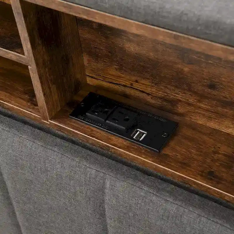 Lit plateforme capitonné avec tête de lit de rangement et port USB