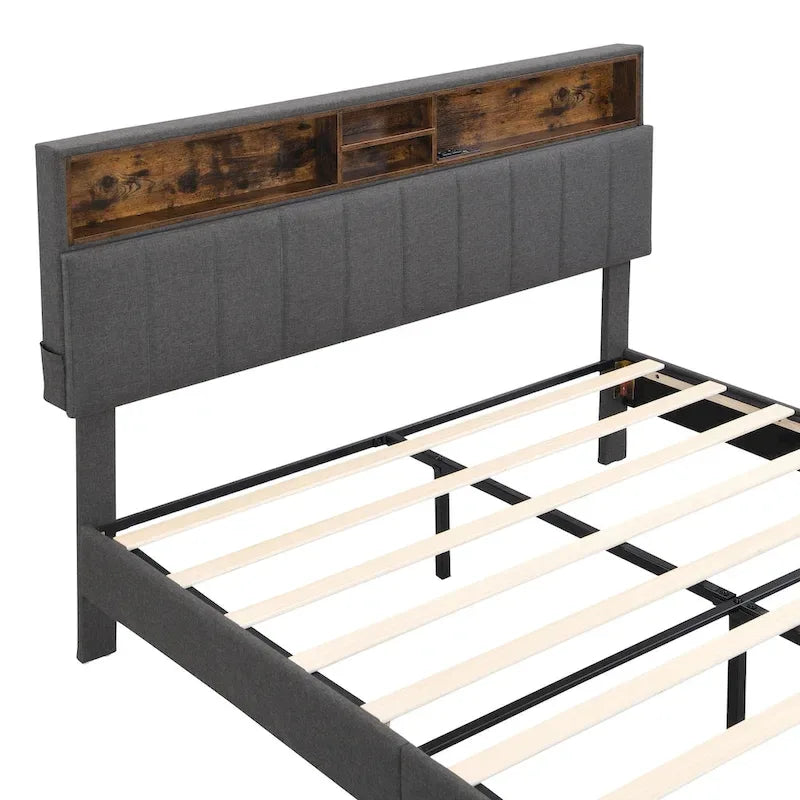 Lit plateforme capitonné avec tête de lit de rangement et port USB