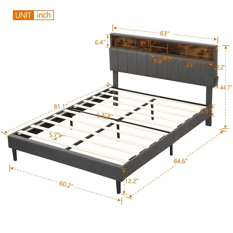 Lit plateforme capitonné avec tête de lit de rangement et port USB