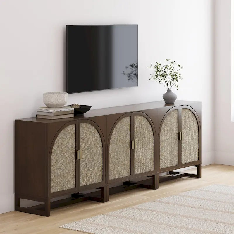 Paxton Boho Wood Storage Cabinet with Doors, Small Storage Cabinet or TV Stand with Rattan Door Details