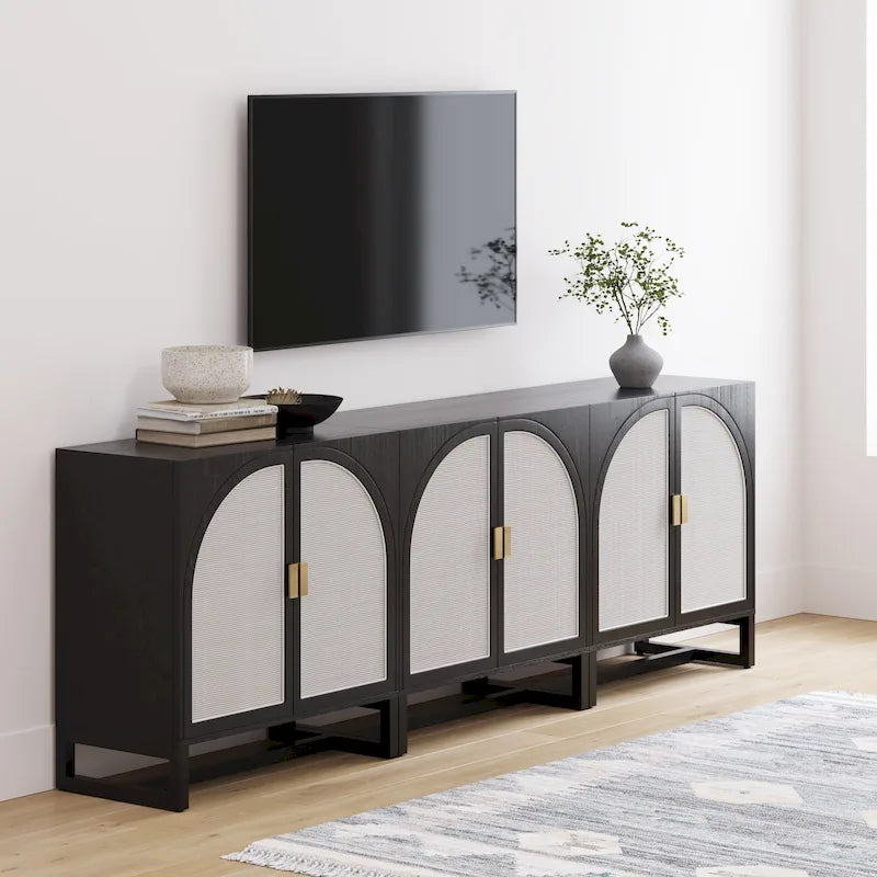 Paxton Boho Wood Storage Cabinet with Doors, Small Storage Cabinet or TV Stand with Rattan Door Details