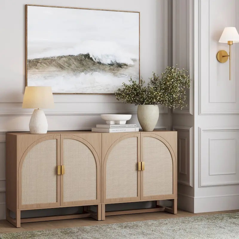 Paxton Boho Wood Storage Cabinet with Doors, Small Storage Cabinet or TV Stand with Rattan Door Details