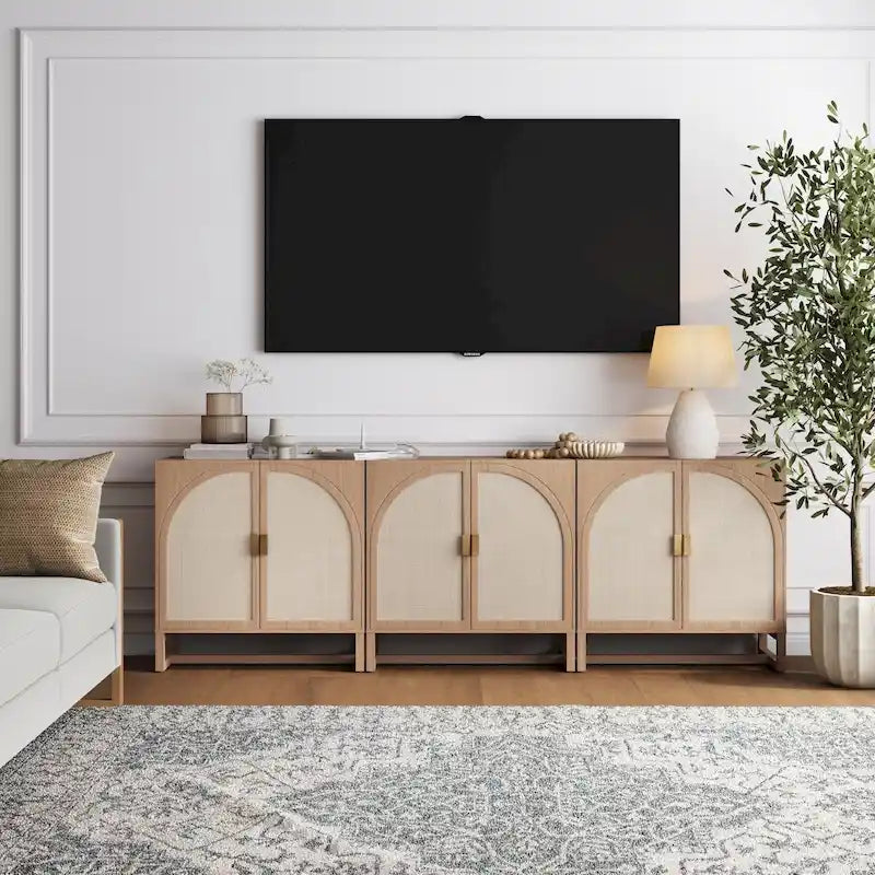Paxton Boho Wood Storage Cabinet with Doors, Small Storage Cabinet or TV Stand with Rattan Door Details