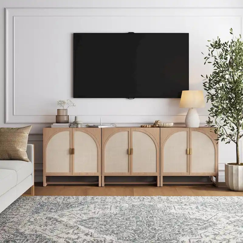 Paxton Boho Wood Storage Cabinet with Doors, Small Storage Cabinet or TV Stand with Rattan Door Details