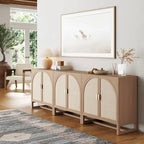 Paxton Boho Wood Storage Cabinet with Doors, Small Storage Cabinet or TV Stand with Rattan Door Details