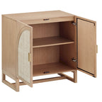 Paxton Boho Wood Storage Cabinet with Doors, Small Storage Cabinet or TV Stand with Rattan Door Details