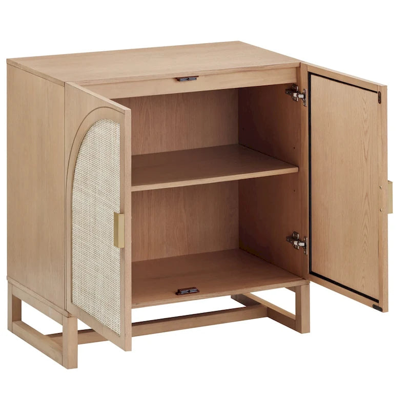 Paxton Boho Wood Storage Cabinet with Doors, Small Storage Cabinet or TV Stand with Rattan Door Details