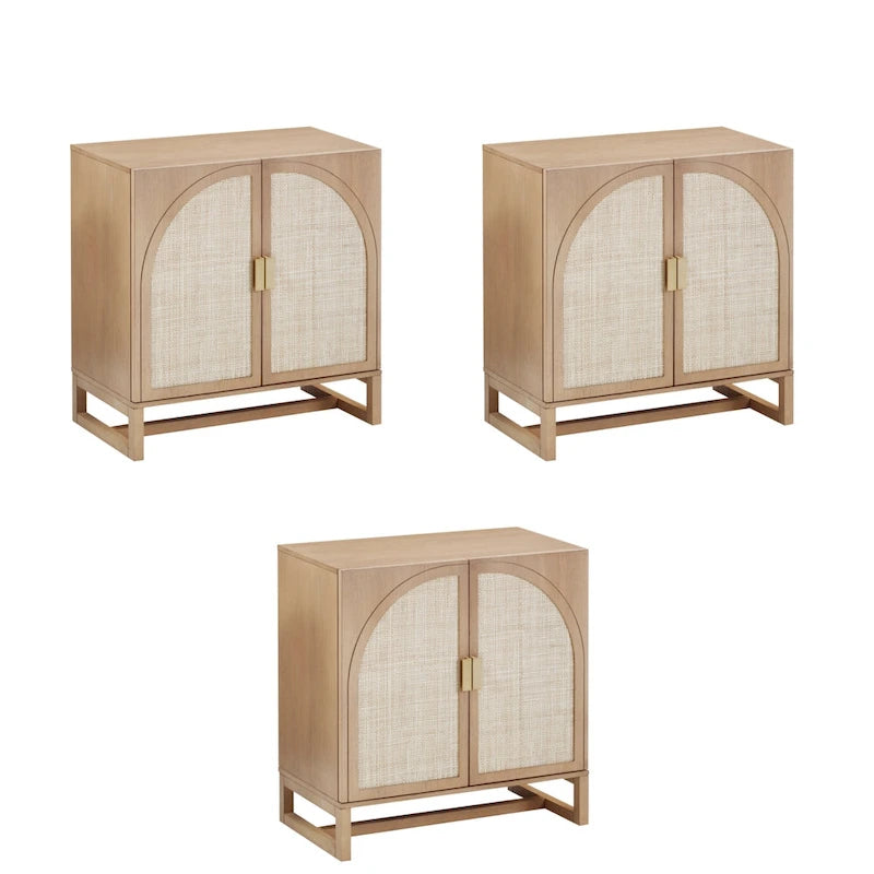 Paxton Boho Wood Storage Cabinet with Doors, Small Storage Cabinet or TV Stand with Rattan Door Details