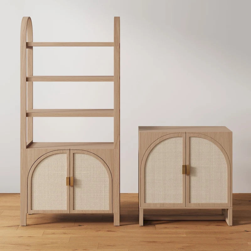 Paxton Boho Wood Storage Cabinet with Doors, Small Storage Cabinet or TV Stand with Rattan Door Details