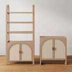 Paxton Boho Wood Storage Cabinet with Doors, Small Storage Cabinet or TV Stand with Rattan Door Details
