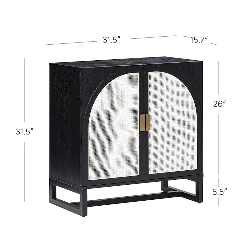 Paxton Boho Wood Storage Cabinet with Doors, Small Storage Cabinet or TV Stand with Rattan Door Details