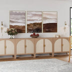 Paxton Boho Wood Storage Cabinet with Doors, Small Storage Cabinet or TV Stand with Rattan Door Details