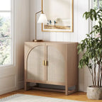 Paxton Boho Wood Storage Cabinet with Doors, Small Storage Cabinet or TV Stand with Rattan Door Details
