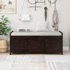 Banc de rangement avec 3 portes persiennes, banc à chaussures avec coussin amovible et espace de rangement caché