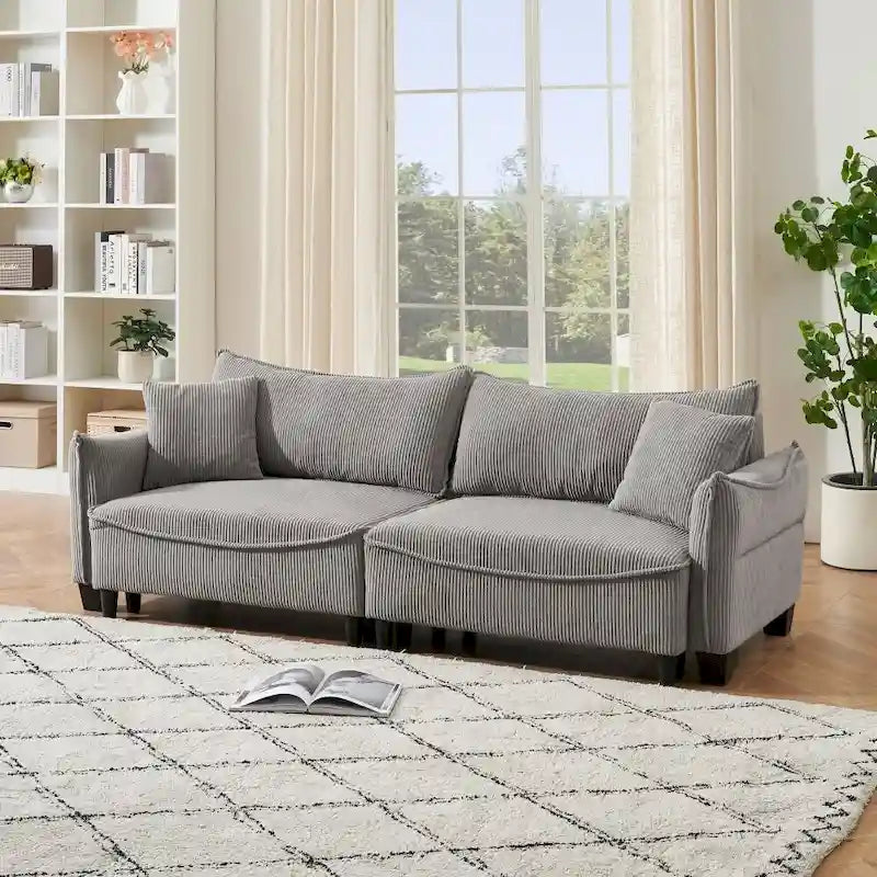 2345 Green Corduroy Fabric, Sofa Can Be Converted Into A Sofa Bed with Two Throw Pillows