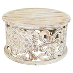 White Round Coffee Table with Floral Carved Design - Mango Wood - 33 Inch