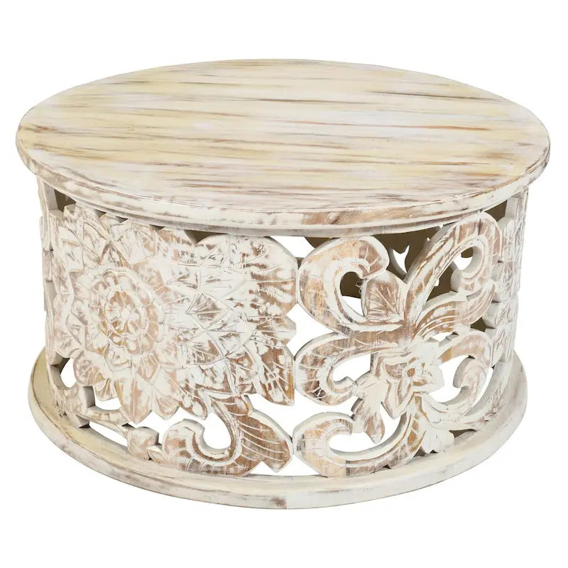 White Round Coffee Table with Floral Carved Design - Mango Wood - 33 Inch