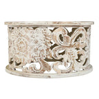 White Round Coffee Table with Floral Carved Design - Mango Wood - 33 Inch