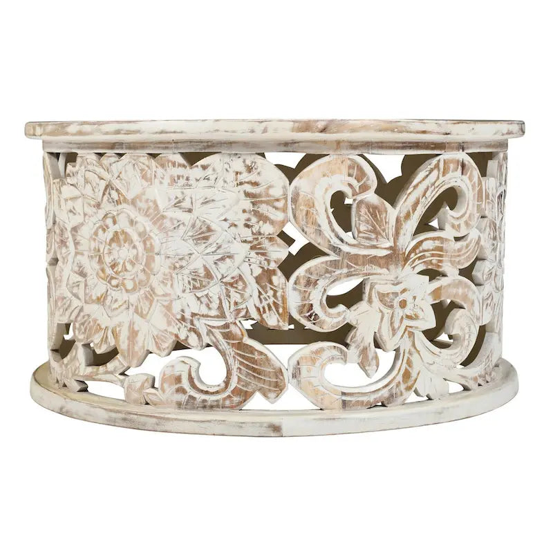 White Round Coffee Table with Floral Carved Design - Mango Wood - 33 Inch
