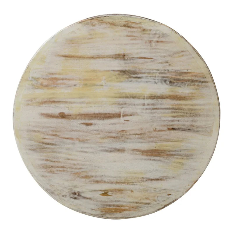 White Round Coffee Table with Floral Carved Design - Mango Wood - 33 Inch