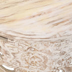 White Round Coffee Table with Floral Carved Design - Mango Wood - 33 Inch
