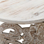 White Round Coffee Table with Floral Carved Design - Mango Wood - 33 Inch