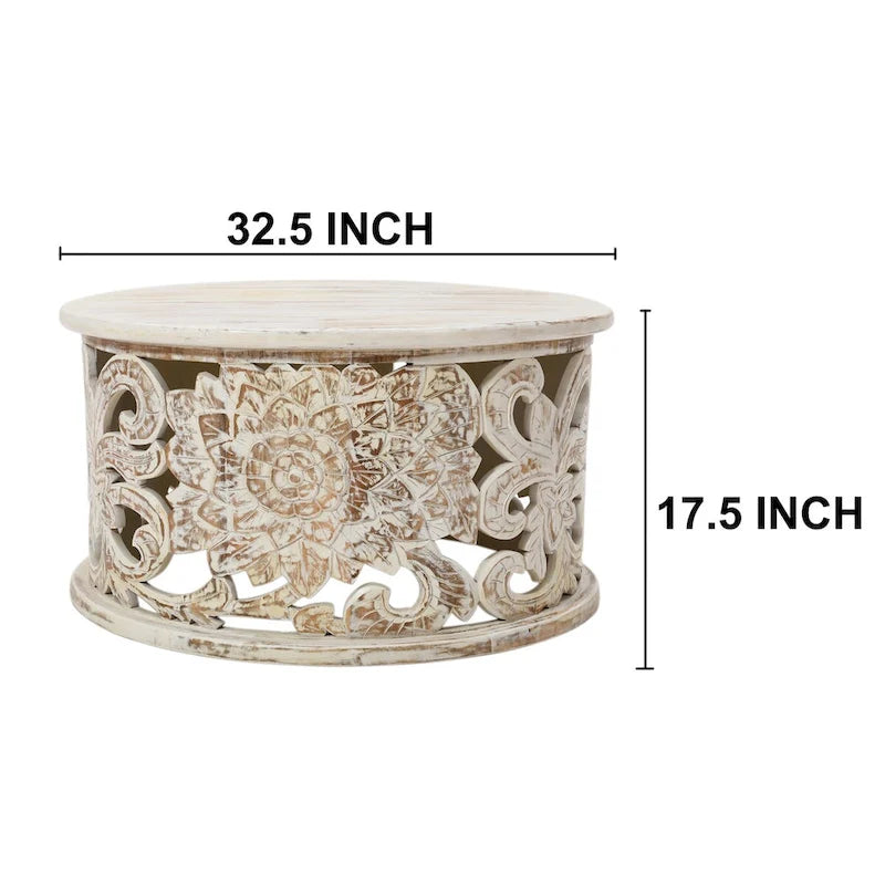 White Round Coffee Table with Floral Carved Design - Mango Wood - 33 Inch