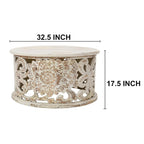 White Round Coffee Table with Floral Carved Design - Mango Wood - 33 Inch