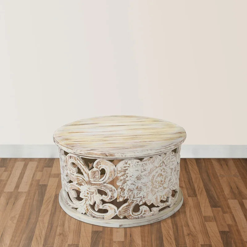 White Round Coffee Table with Floral Carved Design - Mango Wood - 33 Inch