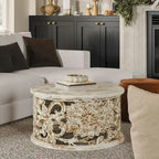 White Round Coffee Table with Floral Carved Design - Mango Wood - 33 Inch