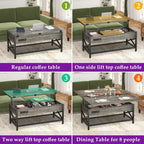 Farmhouse Lift Top Multi-Function Coffee Table Converts to Dining Table with LED Light and Power Outlet
