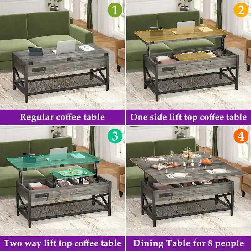 Farmhouse Lift Top Multi-Function Coffee Table Converts to Dining Table with LED Light and Power Outlet