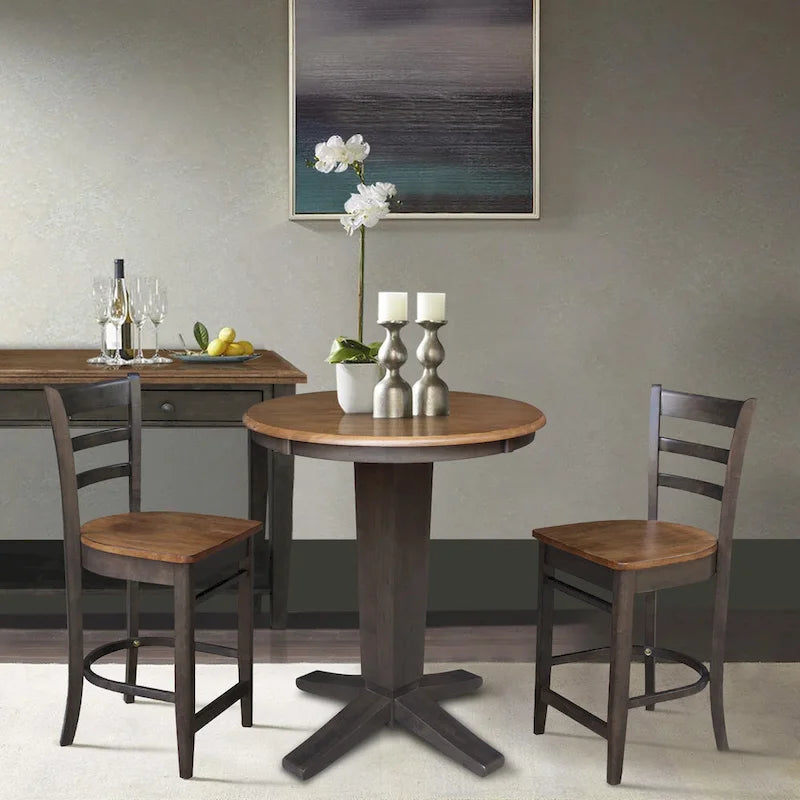 Table de salle à manger ronde en bois massif de 76 cm de hauteur de comptoir avec 2 tabourets