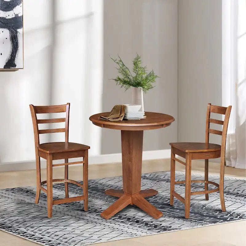 Table de salle à manger ronde en bois massif de 76 cm de hauteur de comptoir avec 2 tabourets