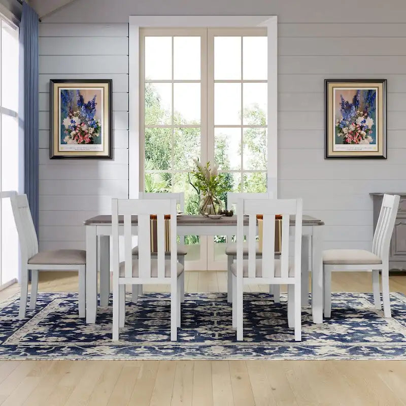 Retro Style 7-Piece Dining Table Set with Extendable Table and 6 Upholstered Chairs