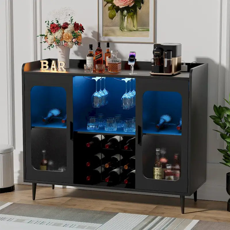 Meuble Bar Noir avec Porte-Bouteilles et Lumières LED - Finition Or Satiné