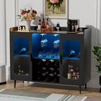 Meuble Bar Noir avec Porte-Bouteilles et Lumières LED - Finition Or Satiné