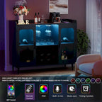 Meuble Bar Noir avec Porte-Bouteilles et Lumières LED - Finition Or Satiné