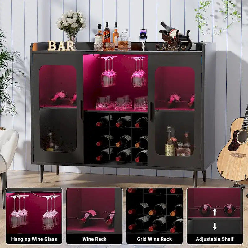 Meuble Bar Noir avec Porte-Bouteilles et Lumières LED - Finition Or Satiné