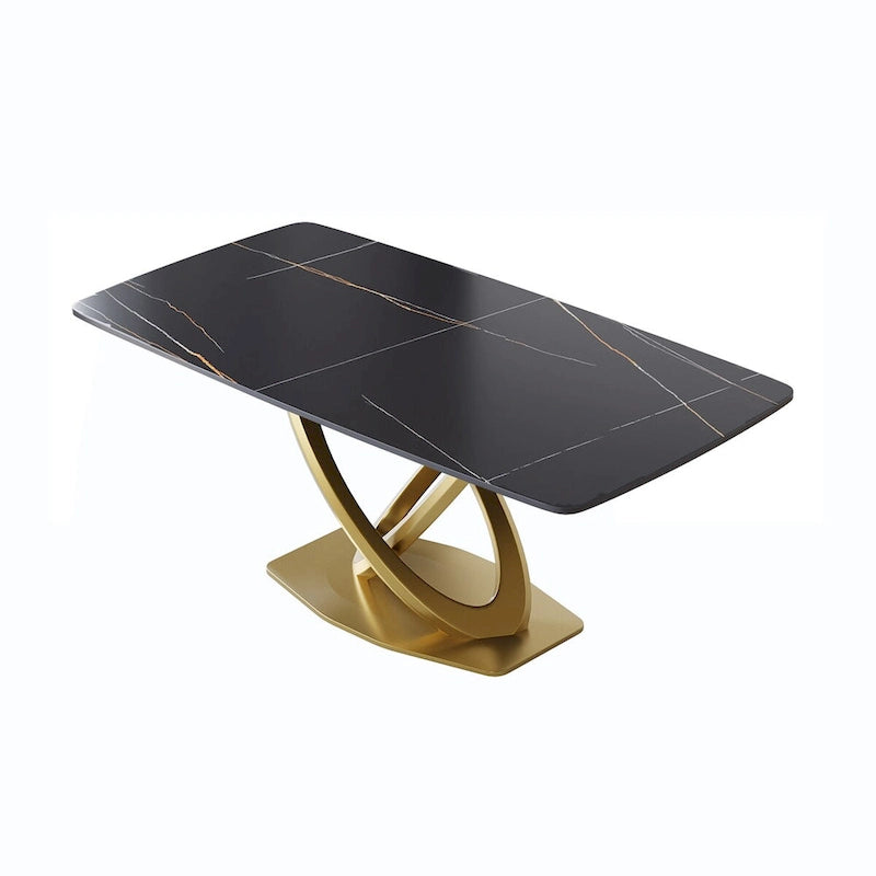 70.8 Dining Table, Modern Dining Table for 8, Antique White Sintered Stone with Stainless Steel Gold Pedestal
