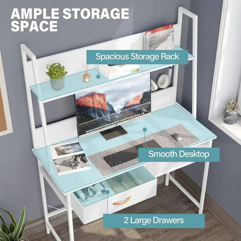 Computer Desk Writing Table w/ Power Outlets, Drawers and Storage Shelf, Workstation for Home Office