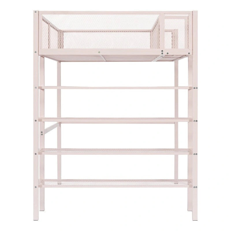 Lit mezzanine en métal pour lits jumeaux avec étagères à 4 niveaux et rangement