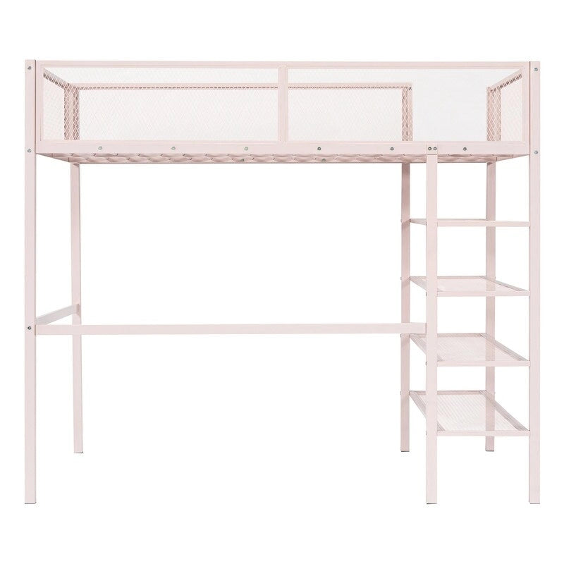 Lit mezzanine en métal pour lits jumeaux avec étagères à 4 niveaux et rangement