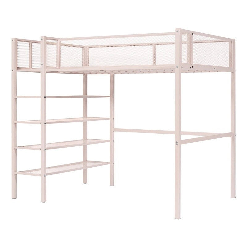 Lit mezzanine en métal pour lits jumeaux avec étagères à 4 niveaux et rangement