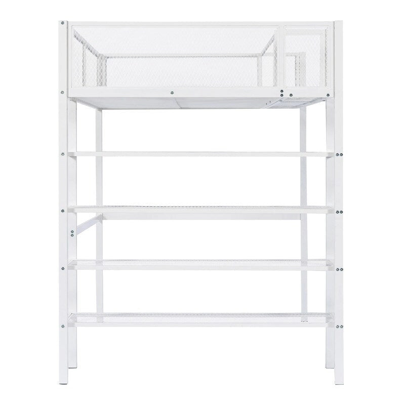 Lit mezzanine en métal pour lits jumeaux avec étagères à 4 niveaux et rangement