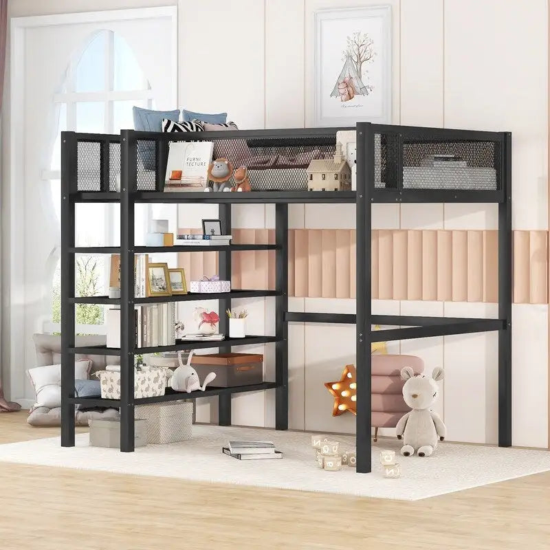 Lit mezzanine en métal pour lits jumeaux avec étagères à 4 niveaux et rangement