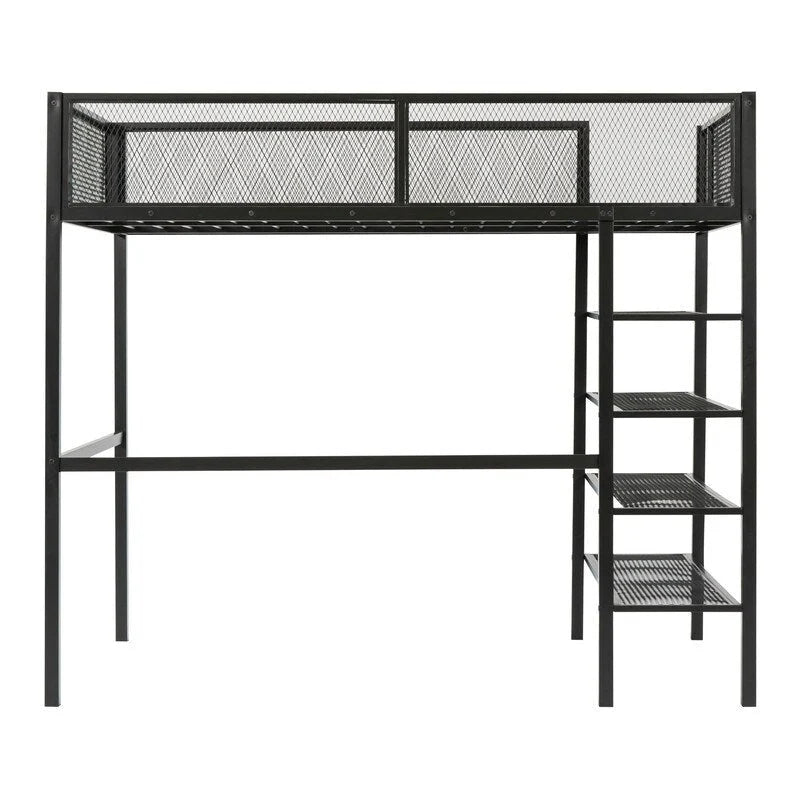 Lit mezzanine en métal pour lits jumeaux avec étagères à 4 niveaux et rangement